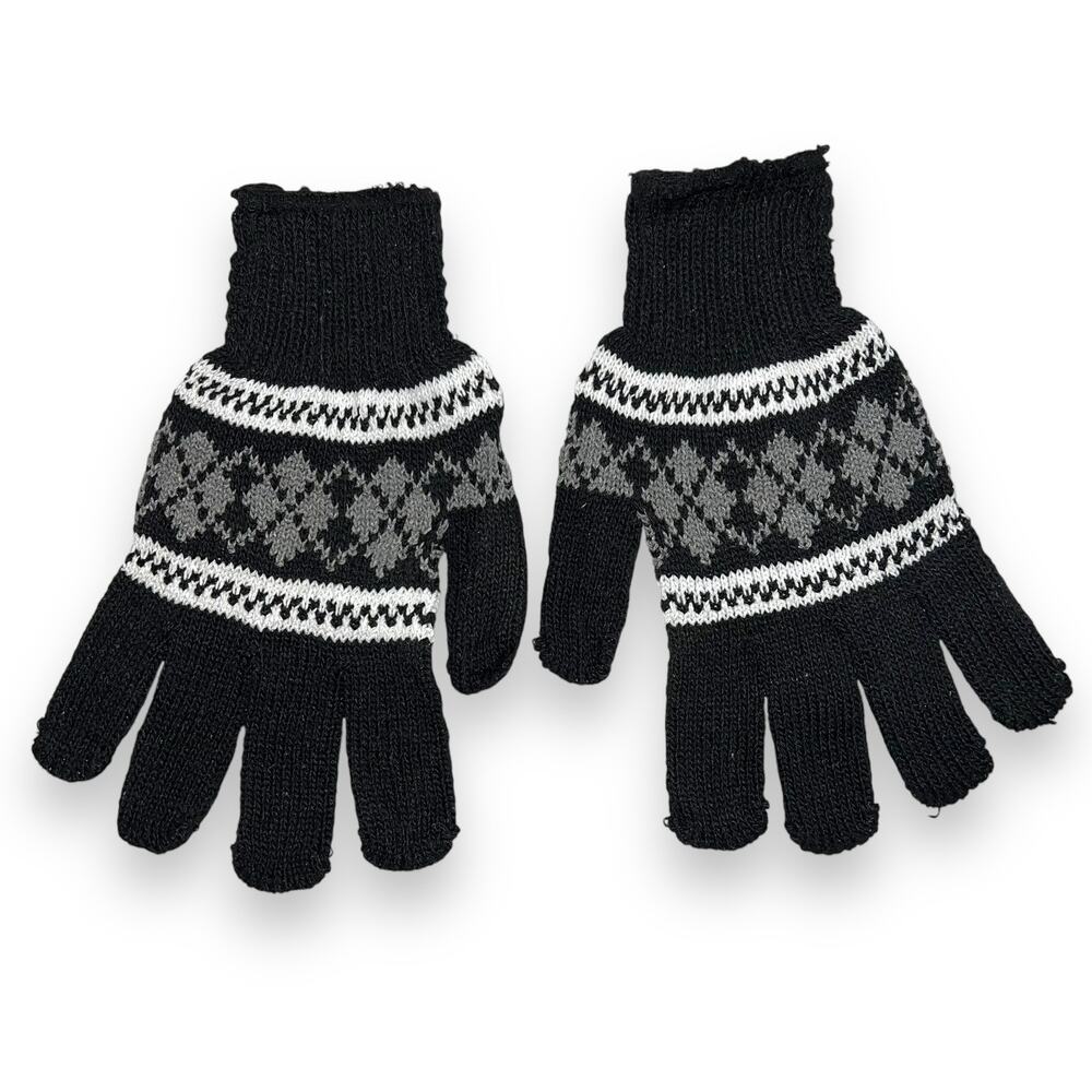 Womens Knit Gloves Argyle Design Winter Black Gray White Lightweight Stretchy